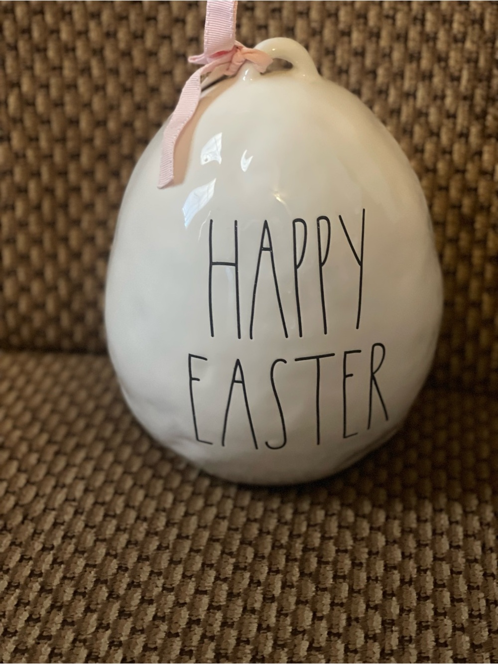 Rae Dunn White Ceramic "HAPPY EASTER" Egg Ornament with Pink Ribbon